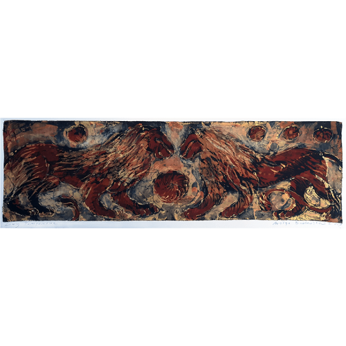 Pomponowe lwy 106x31cm batik 4200pln